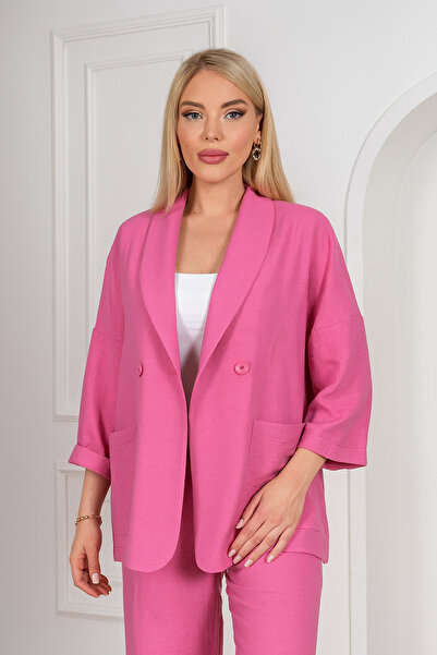 moschic Shawl Collar Double Breasted Pink Color Women's Linen Jacket