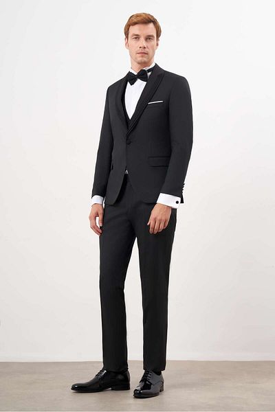 Morven Men's Black Polyviscose - Ceromonia Jacquard Patterned Slim Fit Shawl, Dislocation Collar and Groom Suit