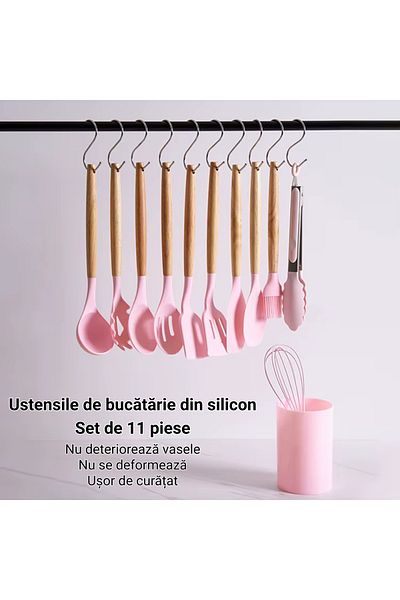 INNOVIO Set 11 Ustensile Bucătărie INNOVIO® din Silicon Alimentar cu Mâner din Lemn + Suport, Roz