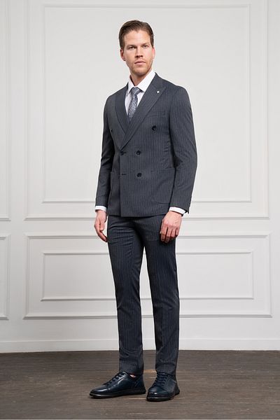 Morven Men's Navy Blue Trend Slim Fit Slim Fit Pointed Collar Double Breasted Suit