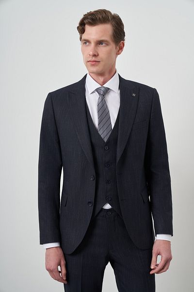 Morven Men's Navy Blue Trend Vest Slim Fit Pointed Collar Suit