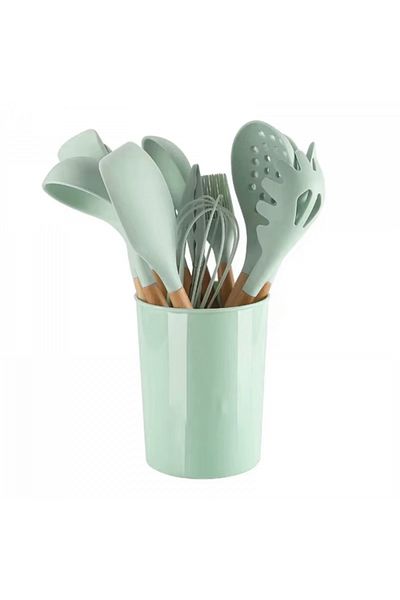 INNOVIO Set 11 Ustensile Bucătărie INNOVIO® din Silicon Alimentar cu Mâner din Lemn + Suport, Verde