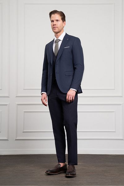 Morven Men's Navy Blue Trend Vest Combination Wool Slim Fit Pointed Collar Suit