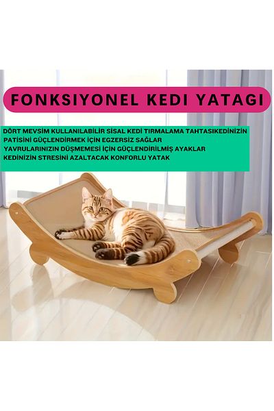 AKTURK HOME Natural Sisal Cat Scratching Bed - Sisal Carpet Scratching Easy Assembly Wooden Bed