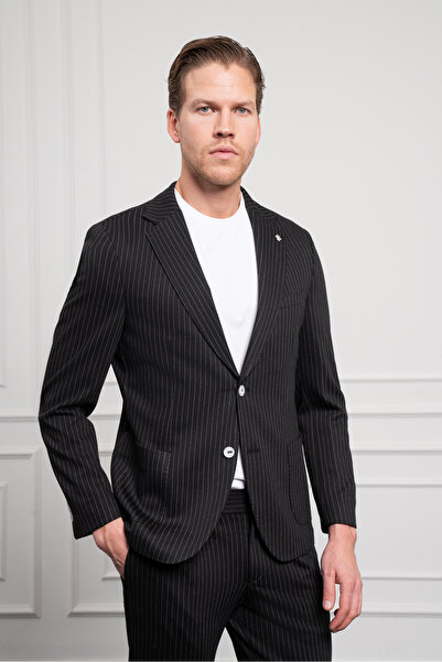 Morven Erkek Siyah Örme Slim Fit Mono Yaka Takım Elbise Dar Kesim