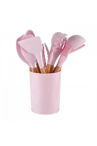 INNOVIO Set 11 Ustensile Bucătărie INNOVIO® din Silicon Alimentar cu Mâner din Lemn + Suport, Roz