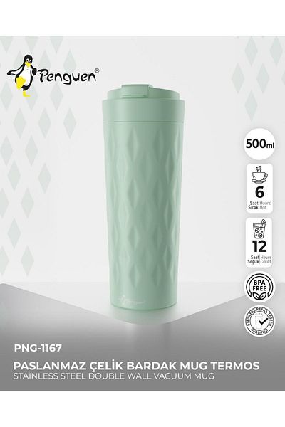 Penguen Png-1167 500ml Flip Lid Patterned Steel Mug |   6 Hours Hot 12 Hours Cold |   Leak Proof & Bpa Free