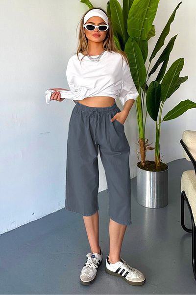 Dechers Women's Large Size High Waist Linen Look 100% Cotton Capri W203