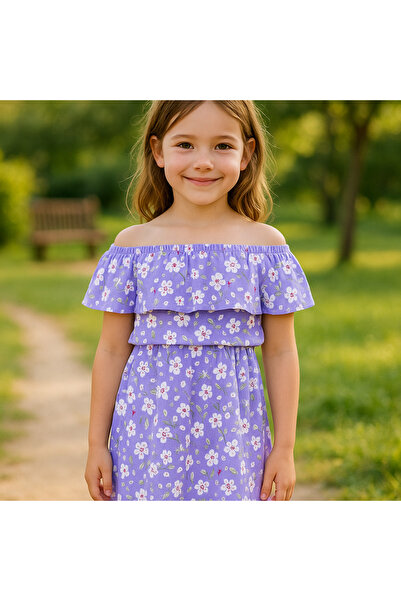 Hilal Akıncı Kids Kız Çocuk Düşük Omuz Çiçekli Büzgülü Elbise