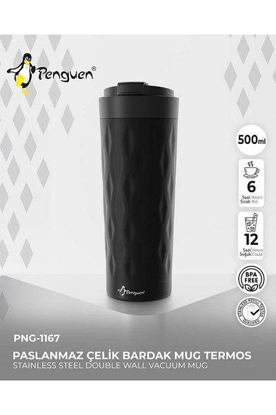 Penguen Png-1167 500ml Flip Lid Patterned Steel Mug |   6 Hours Hot 12 Hours Cold |   Leak Proof & Bpa Free