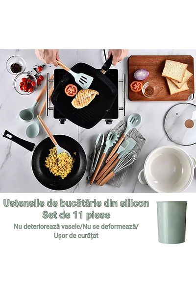 INNOVIO Set 11 Ustensile Bucătărie INNOVIO® din Silicon Alimentar cu Mâner din Lemn + Suport, Verde