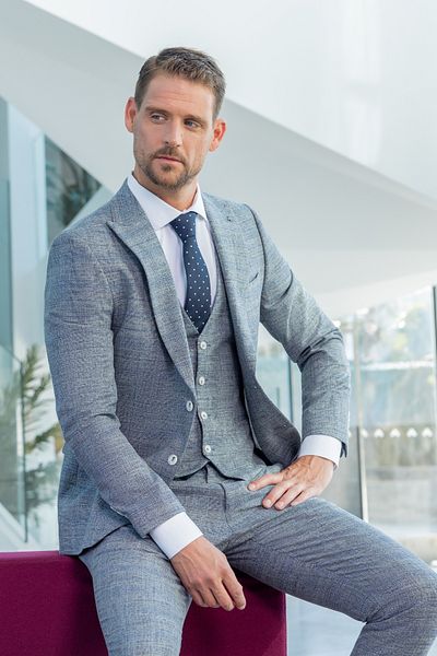Morven Men's Navy Blue Polyviscon Trend Vest Patterned Slim Fit Pointed Collar Suit