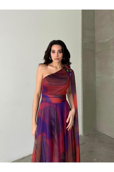 Serica Moda Rochie de seară lungă cu umăr portocaliu și detaliu floral