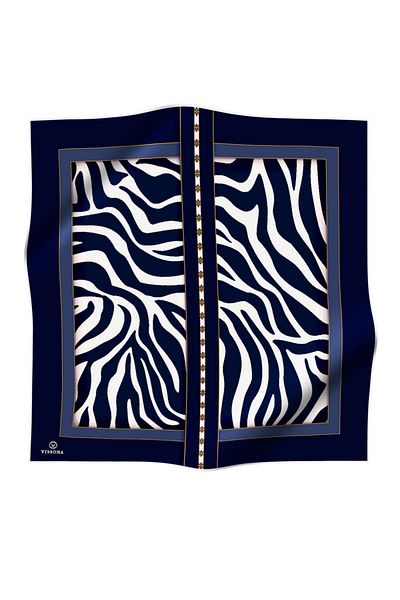 Vissona 100% Twill Silk Zebra Pattern Navy Blue - Κρεμ χρώμα 90x90 Κασκόλ Σχήμα ραφής άκρων Ραμμένο στο χέρι