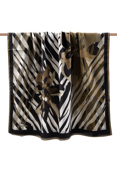 Vissona Πολυτελές Medina Silk Zebra και Floral μοτίβο Μπεζ Χρώμα 75x195 Ανθεκτικό σάλι Moss Crepe Τύπος ραφής Ιταλικό