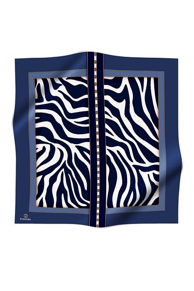 Vissona 100% Twill Silk Zebra Pattern Indigo - Κρεμ χρώματος 90x90 Κασκόλ Σχήμα ραφής άκρων ραμμένο στο χέρι