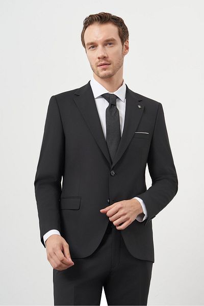 Morven Men's Black Wool Slim Fit Mono Collar Suit