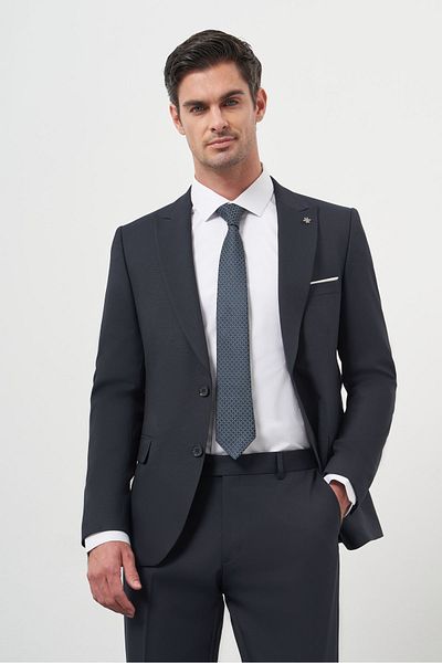 Morven Men's Navy Blue Polyviscon Basic Jacquard Pattern Slim Fit Pointed Collar Suit