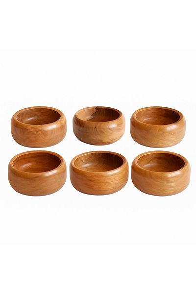 tios home Set of 6 Natural Wooden Presentation Snack Bowls Rustic Serving Bowls Round Diameter 9.5cm