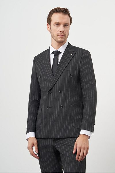 Morven Men's Smoked Polyviscon Trend Double Breasted Slim Fit Pointed Collar Suit