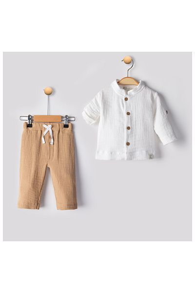 Babyhola Baby Boy 0-2 Years Cotton Lancelin Shirt and Pants Set Beige 22407