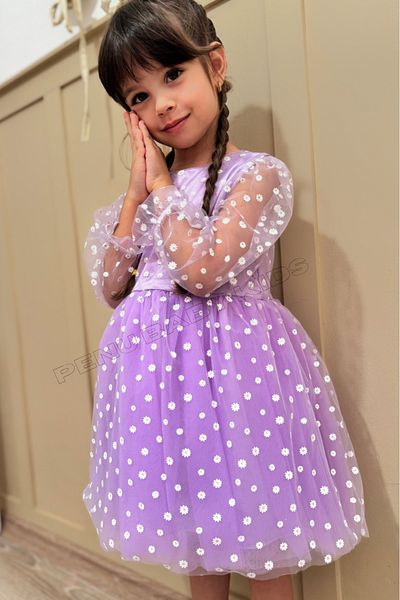 penu baby kids Lilac Floral Patterned Tulle Skirt and Three Quarter Tulle Sleeve Baby Girl & Girl's Dress - Flower