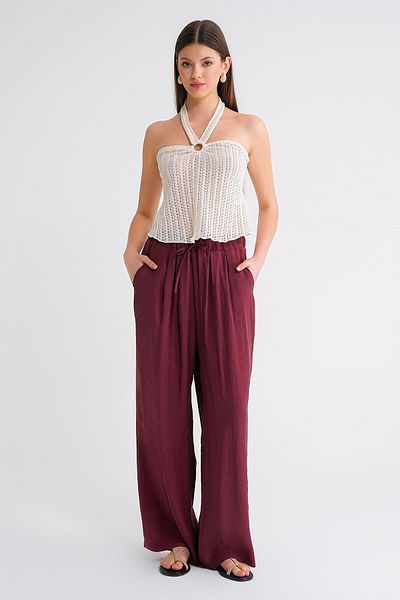 Mixray 4627 Women's Wide Leg Pleated Palazzo Trousers Burgundy