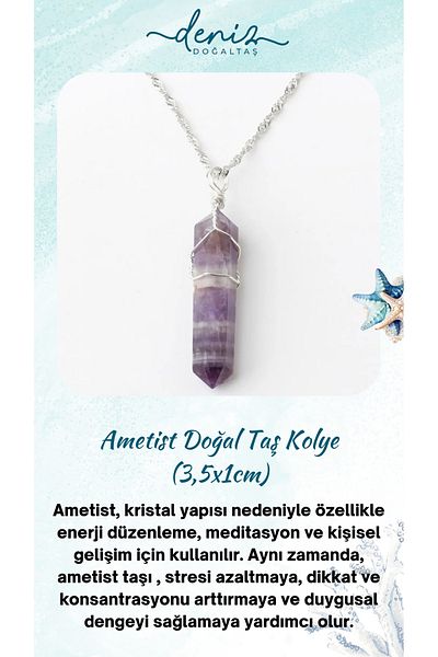 Deniz Doğal Taş Certified Amethyst (Stones) Natural Stone Pendant with Silver Chain 3.5X1Cm Ku052