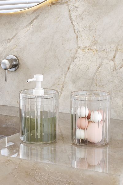 Pufwin Home Διπλό XL Μεγάλο Μέγεθος 700ml Πάγκος Διανομέας Υγρού Σαπουνιού και Σετ Βαμβακιού Διαφανές