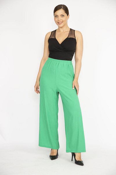 Şans Women's Green Large Size Elastic Waist Wide Leg Aeorobin Fabric Trousers 65n36496