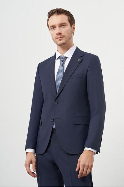 Morven Men's Navy Blue Wool Slim Fit Mono Collar Suit