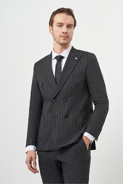 Morven Men's Smoked Polyviscon Trend Double Breasted Slim Fit Pointed Collar Suit