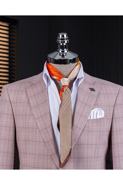 TerziAdemAltun Pink Plaid Mono Collar Men's Jacket - Classic Cut, Regular Fit T11526