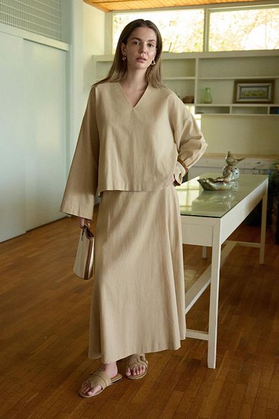 KADRİYE BAŞTÜRK Lune Linen Shirt Skirt Set Camel Hair
