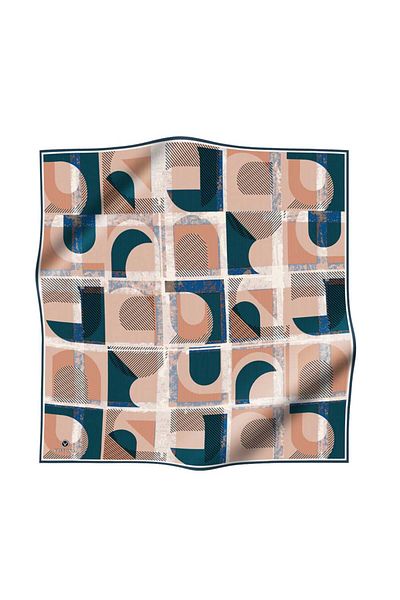 Vissona 100% Twill Silk Geometry Pattern Navy Blue - Χρώμα βιζόν 90x90 Κασκόλ Σχήμα ραφής άκρων Ραμμένο στο χέρι