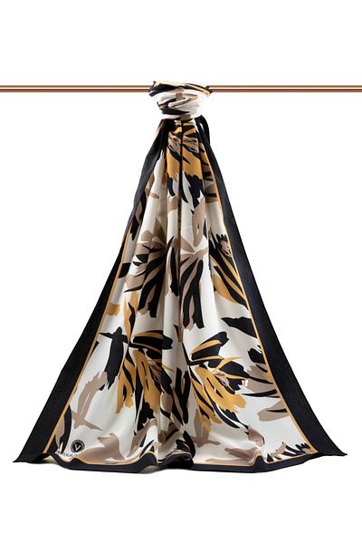 Vissona Πολυτελές Medina Silk Leaf μοτίβο μαύρο χρώμα 75x195 Ανθεκτικό σάλι Moss Crepe Τύπος ραφής Ιταλική ραφή