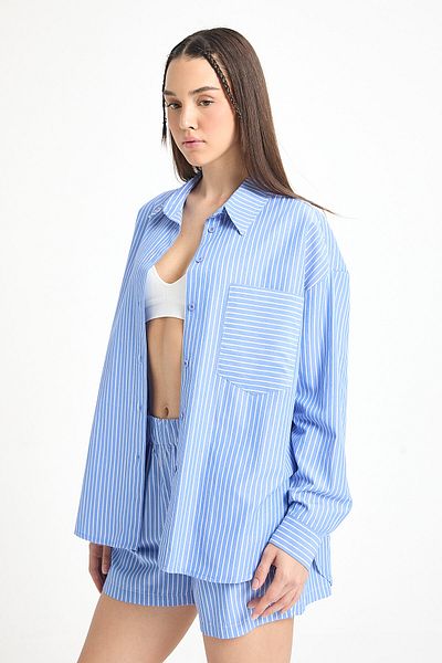 minaaise Oversize Blue and White Striped Shirt and Shorts Set - 27381