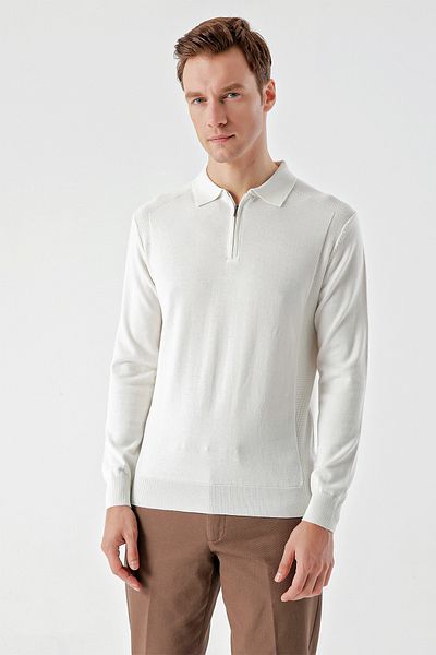 Morven Ανδρικά πλεκτά πλεκτά εκρού Trend Jacquard με φερμουάρ με λαιμόκοψη Dynamic Fit Relaxed Cut