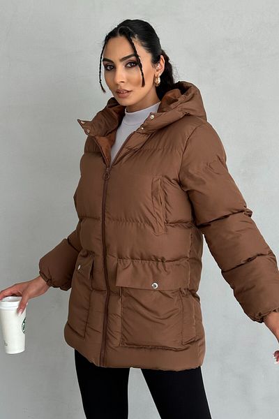 moda armanc Hooded Oversize Women's down Jacket - 4 Pocket Detail, Brown