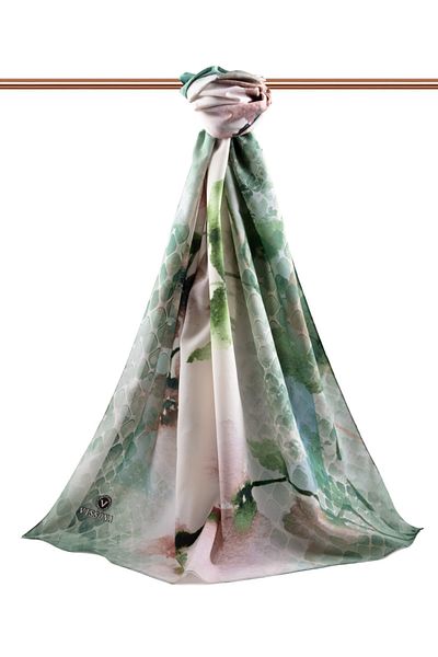 Vissona Medina de lux Acuarelă cu model floral Culoare verde petrol 75x195 șal rezistent la șifonare Moss Crep Tip de cusătură