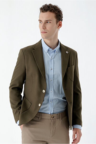 Morven Men's Khaki Woven Slim Fit Bag Pocket Mono Collar Sports Jacket