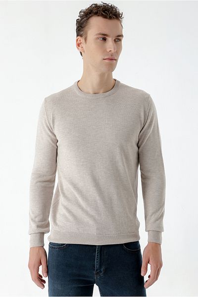 Morven Ανδρικό πλεκτό μπεζ Basic Crew Neck Dynamic Fit Relaxed Cut