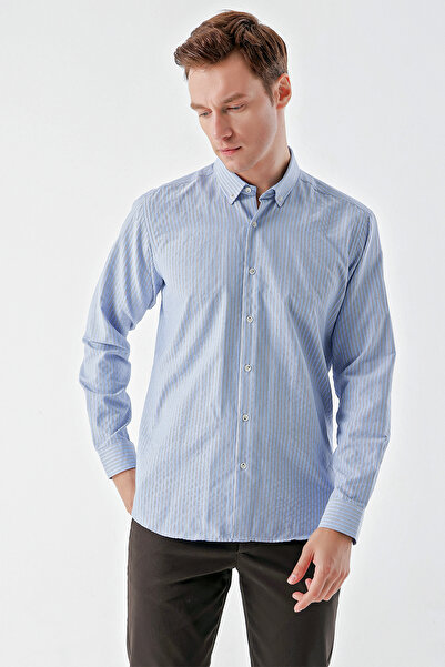 Morven Erkek Mavi Trend Çizgili Desen Düğmeli Yaka Regular Fit Gömlek