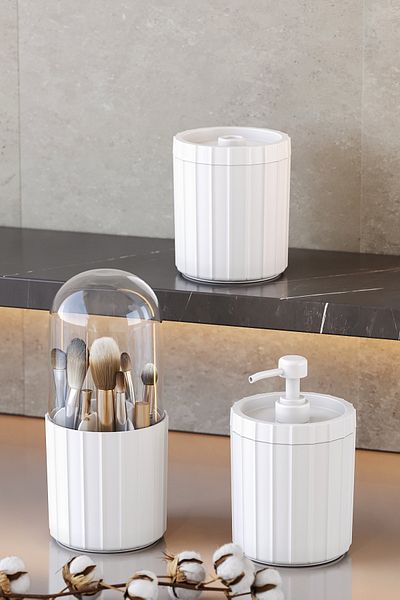 Pufwin Home Triple XL Bathroom Cotton Pad Liquid Soap Dispenser Brush Holder Set Countertop White
