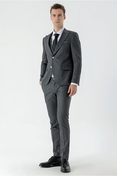 Morven Men's Black Polyviscon Trend Vest Patterned Slim Fit Pointed Collar Suit