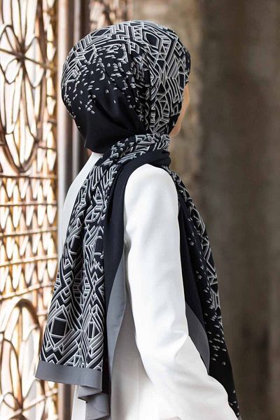 Vissona Luxury Medina Silk Geometric Pattern Μαύρο - Γκρι Χρώμα 75x195 Ανθεκτικό σάλι Moss Crepe Τύπος ραφής Ital