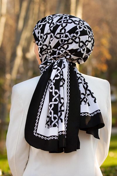 Vissona Luxury Medina Silk Geometric Pattern Μαύρο - Λευκό Χρώμα 75x195 Ανθεκτικό σάλι Moss Crepe Τύπος ραφής