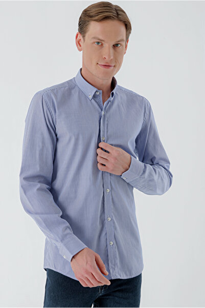 Morven Чоловіча темно-синя бавовняна сорочка в смужку з ґудзиками та коміром Slim Fit