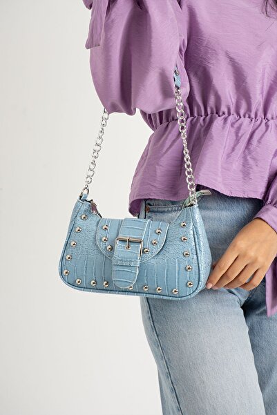 NBİBAGS Geantă neagră de mână și de umăr cu model de crocodil cu capse