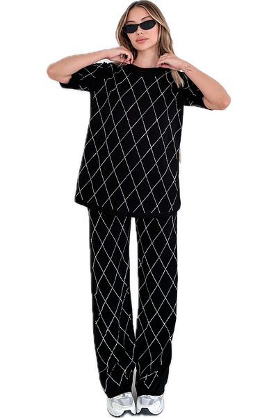 badibadii Women's Casual Diamond Blouse Elastic Waist Trousers Modal Suit 3089 60283231